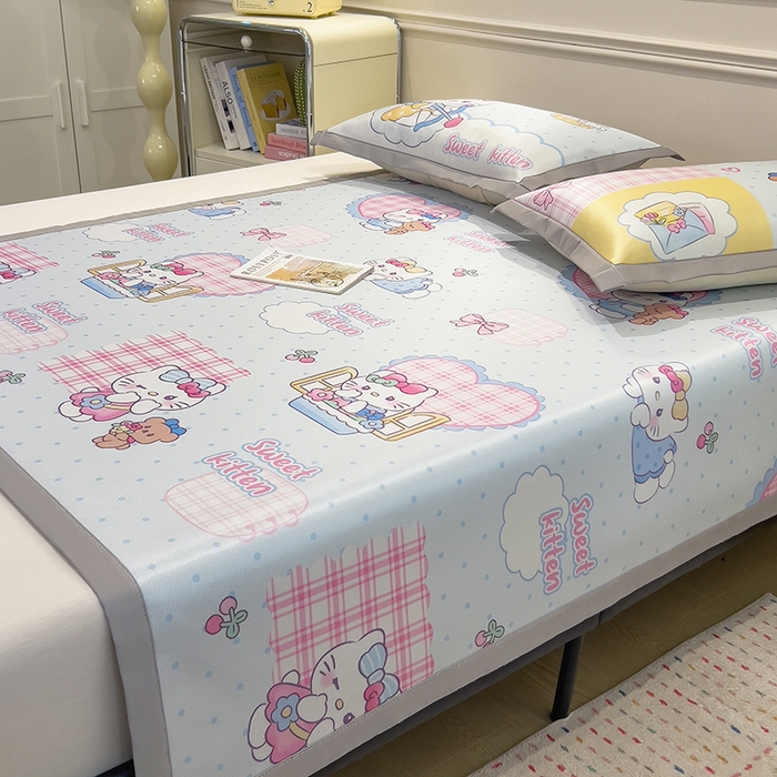 91家纺网 家纺一手货源 找家纺 摩妮卡 2025小清新数码冰丝席 碳光席三件套 凯蒂甜心