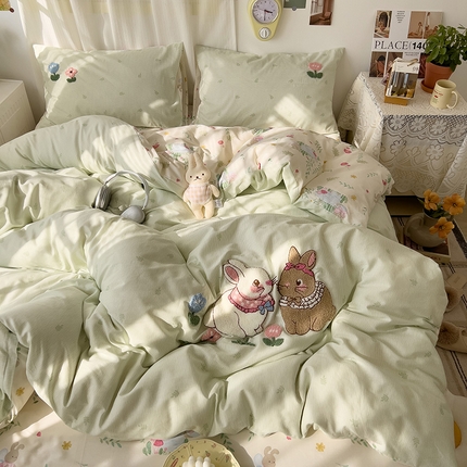 云锦家居 2025春夏新款13370纯棉印花+毛巾绣呆萌系列四件套 精灵小兔