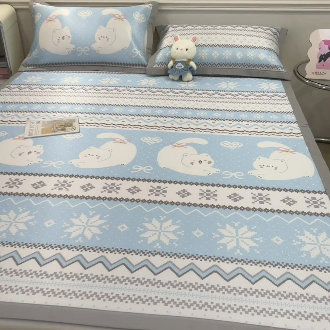 91家纺网 家纺一手货源 找家纺 摩妮卡 2025小清新数码冰丝席 碳光席三件套 蓝调喵影