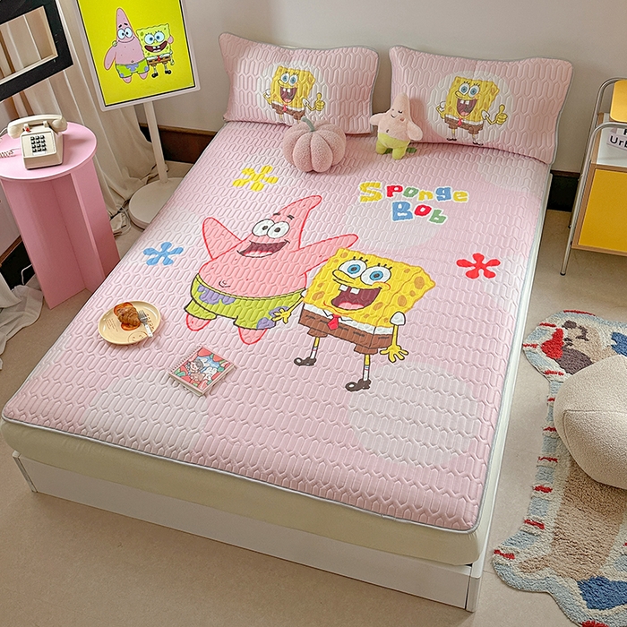 91家纺网 家纺一手货源 找家纺 金爱家 2025新款海绵宝宝乳胶凉席床笠款凉席席子 凉席床笠款-粉粉海绵宝宝