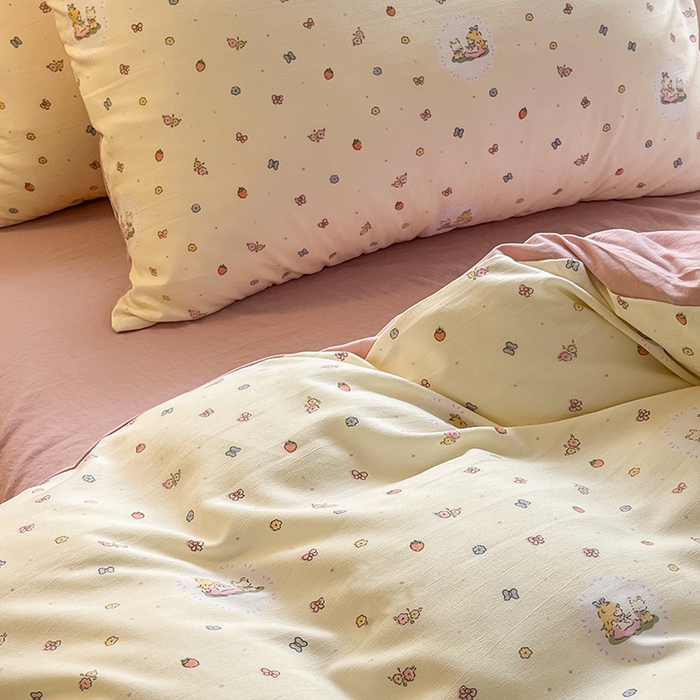 91家纺网 家纺一手货源 找家纺 玖明2025新款A类加厚柔软针织棉双层纱四件套 萌趣