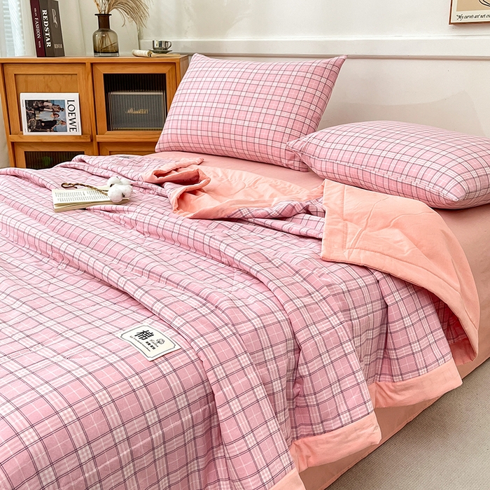 91家纺网 家纺一手货源 找家纺 鸣升家纺 2025新款100%里外全棉棉花夏被无印风全棉色织水洗棉夏凉被空调被夏被春秋被单人可机洗 格诺粉