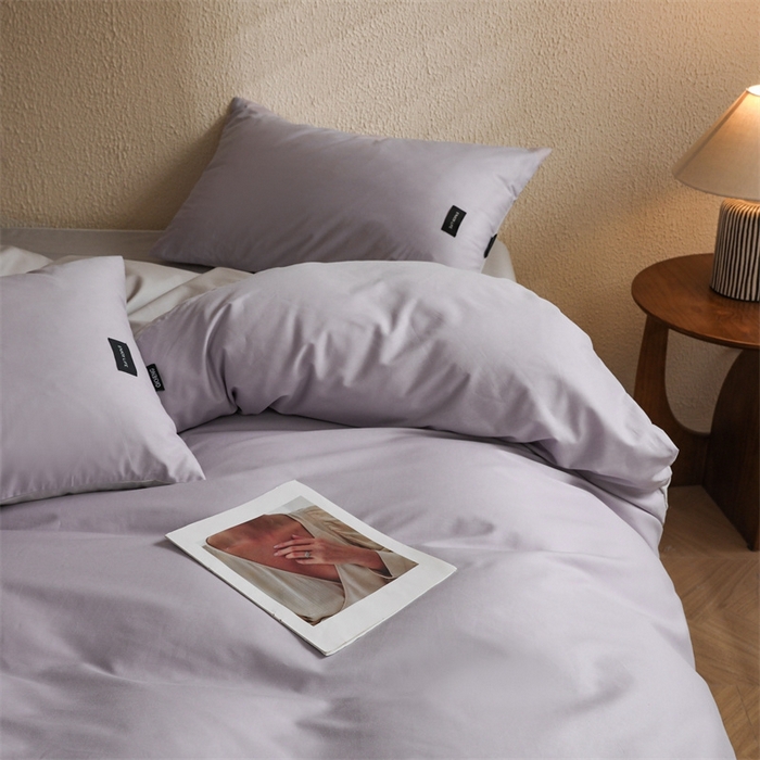 91家纺网 家纺一手货源 找家纺 启程2025新款全棉纯色双拼无印风四件套 水晶紫+绅士灰