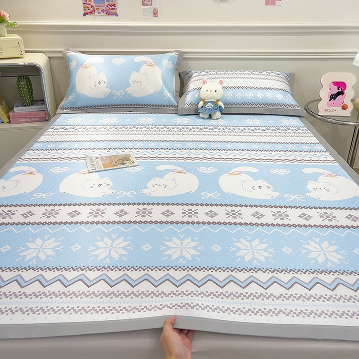 91家纺网 家纺一手货源 找家纺 摩妮卡 2025小清新数码冰丝席 碳光席三件套 蓝调喵影