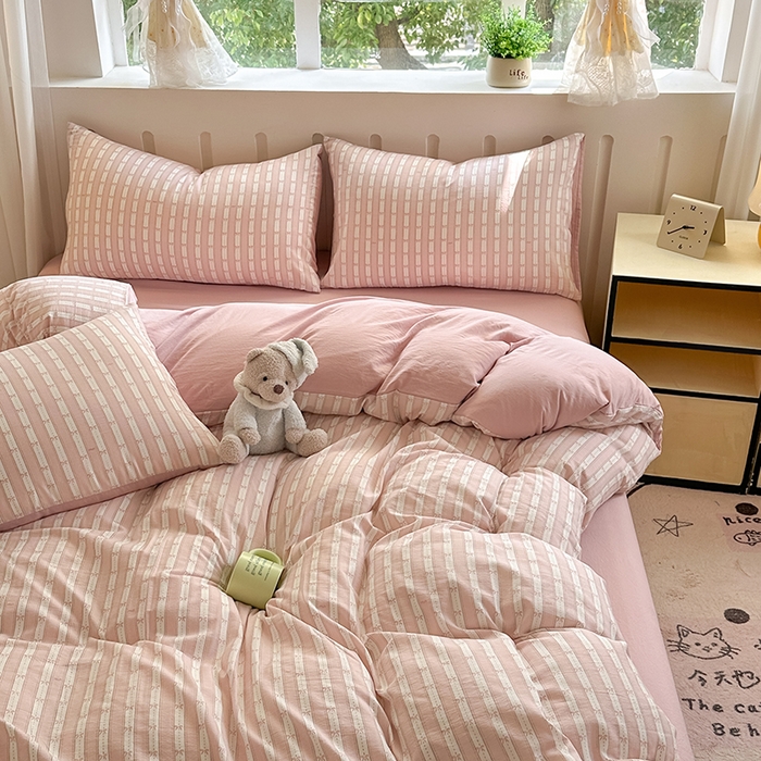 91家纺网 家纺一手货源 找家纺 玖明2025新款A类加厚柔软针织棉双层纱四件套 简约时光