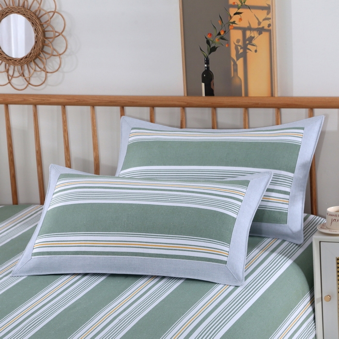 91家纺网 家纺一手货源 找家纺 恋尚羽 2025新款加厚纯棉老粗布凉席三件套 条纹 绿