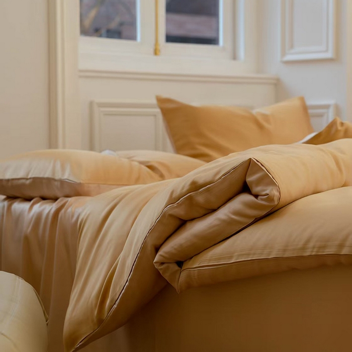 91家纺网 家纺一手货源 找家纺 未来家居 2025新款60S兰精天丝纯色四件套 芝士黄-沙茶色