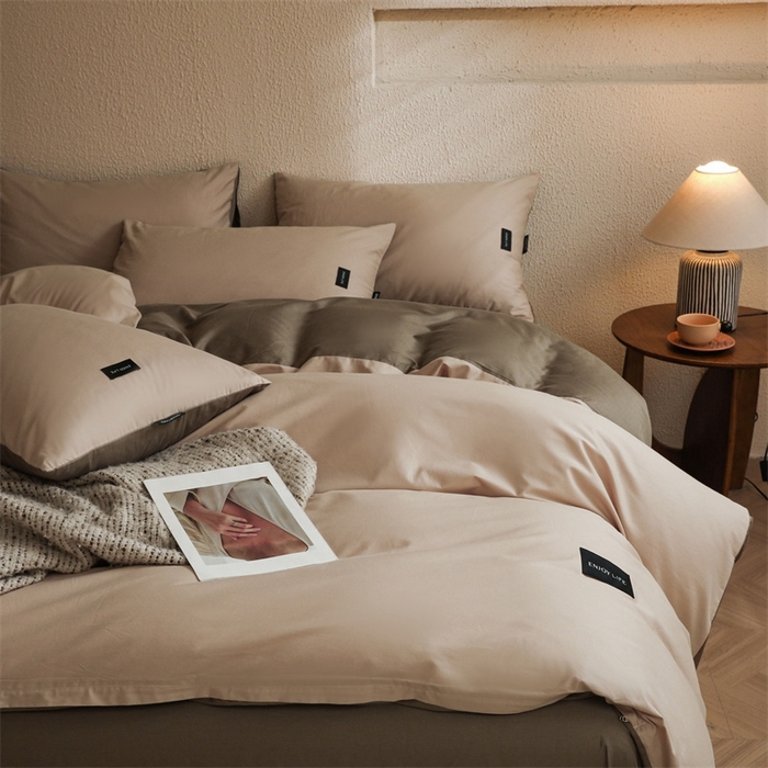 91家纺网 家纺一手货源 找家纺 启程2025新款全棉纯色双拼无印风四件套 杏仁+岩石灰