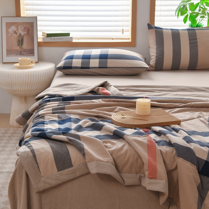 91家纺网 家纺一手货源 找家纺 圣尔雅家纺 2025新款里外全棉色织夏被新疆棉花被纯棉被子空调被夏凉被 兰棕大格