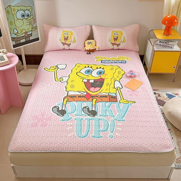 91家纺网 家纺一手货源 找家纺 金爱家 2025新款海绵宝宝乳胶凉席床笠款凉席席子 凉席床笠款-爱喝海绵宝宝粉