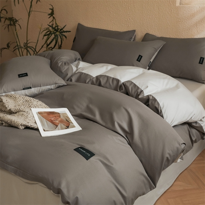 91家纺网 家纺一手货源 找家纺 启程2025新款全棉纯色双拼无印风四件套 雅士灰+绅士灰