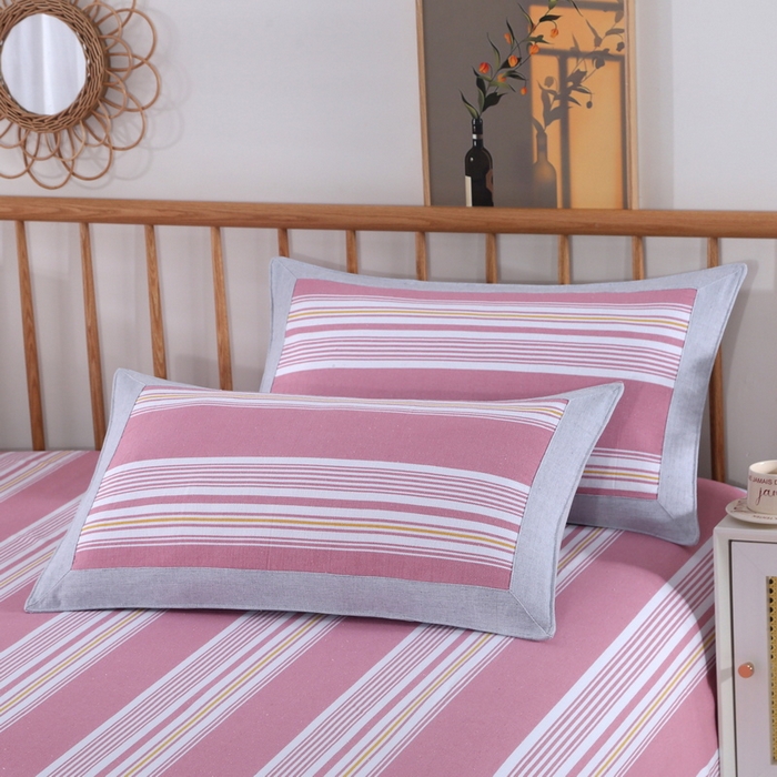 91家纺网 家纺一手货源 找家纺 恋尚羽 2025新款加厚纯棉老粗布凉席三件套 条纹 豆沙