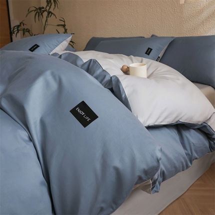 启程2025新款全棉纯色双拼无印风四件套 牛仔蓝+绅士灰