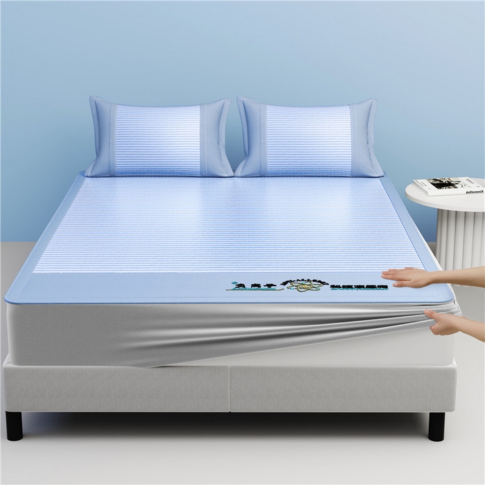 91家纺网 家纺一手货源 找家纺 悠米悠家 2025新款负离子+抗菌系列凉席床笠三件套 负离子蓝色