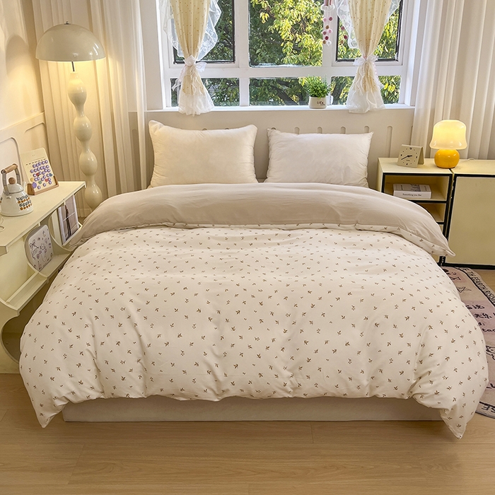 91家纺网 家纺一手货源 找家纺 玖明2025新款A类加厚柔软针织棉双层纱四件套 金叶时光