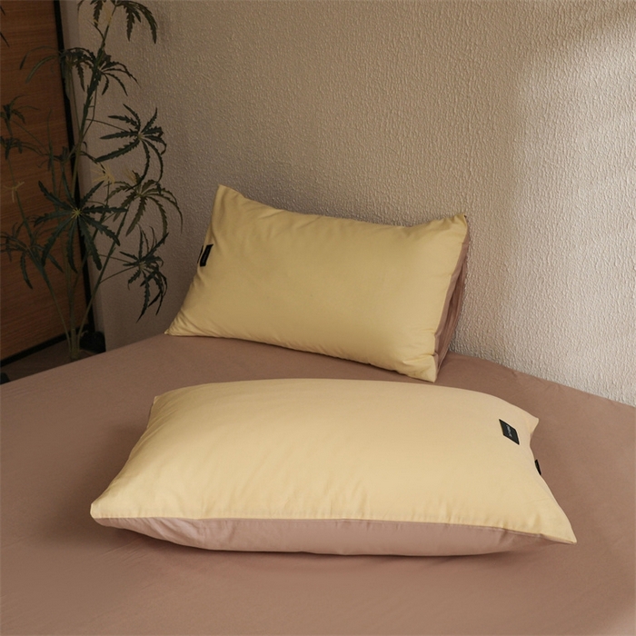 91家纺网 家纺一手货源 找家纺 启程2025新款全棉纯色双拼无印风四件套 奶昔黄+杏仁