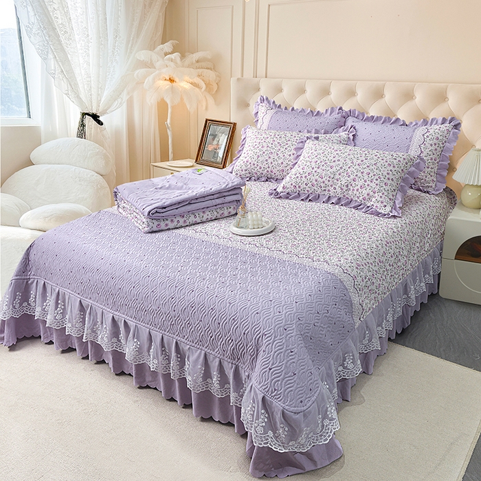 91家纺网 家纺一手货源 找家纺 梦柏 2025新款韩版双层纱夹棉绗缝床盖夏被四件套 香草