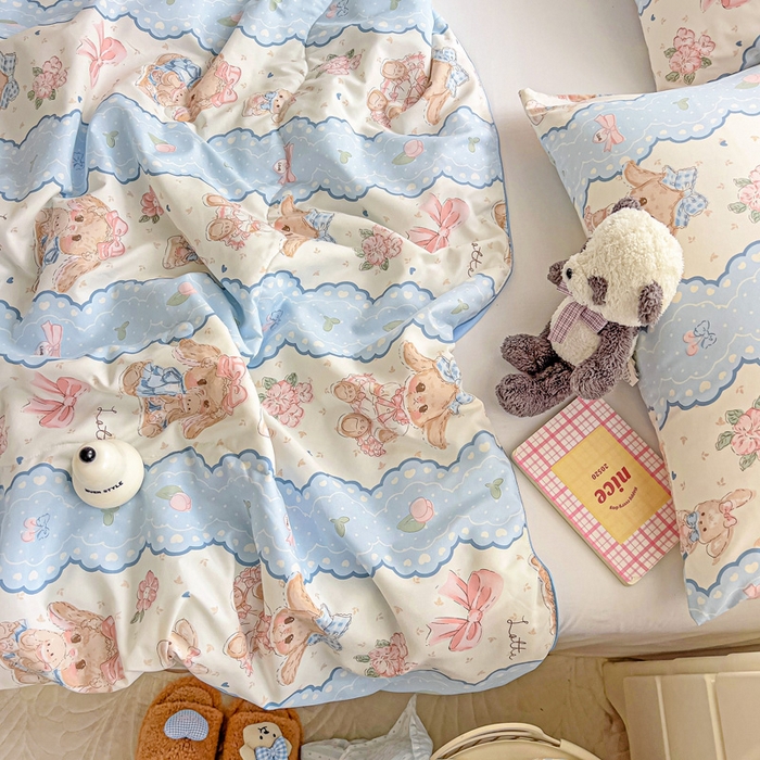 91家纺网 家纺一手货源 找家纺 2025春夏新款嵌绳款云柔水洗棉单夏被夏凉被空调被 嵌绳夏被-蓝色蕾丝兔