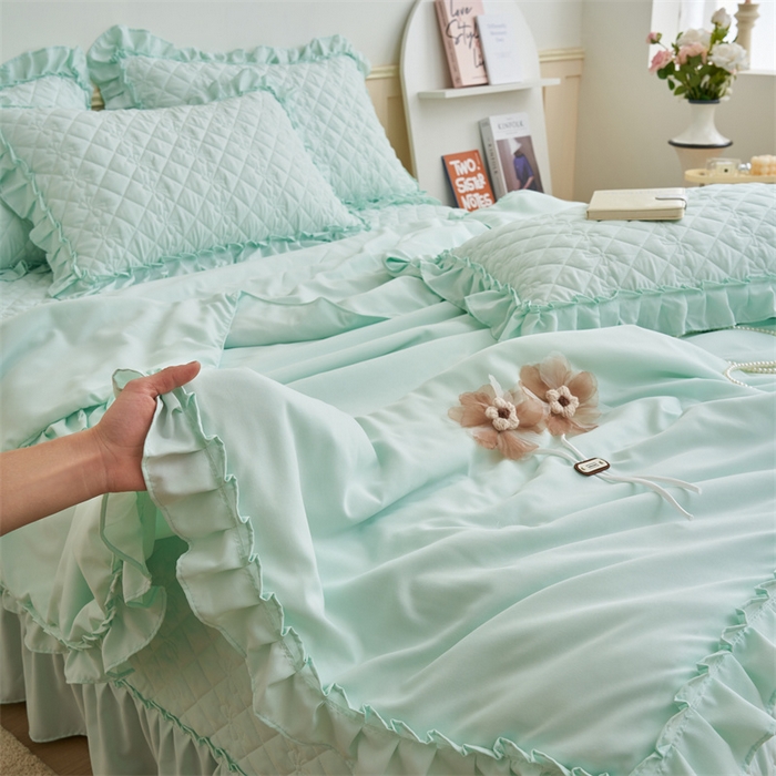 91家纺网 家纺一手货源 找家纺 恒爱家纺 2025新款针织棉立体扶桑花夏被床盖四件套 淡海蓝