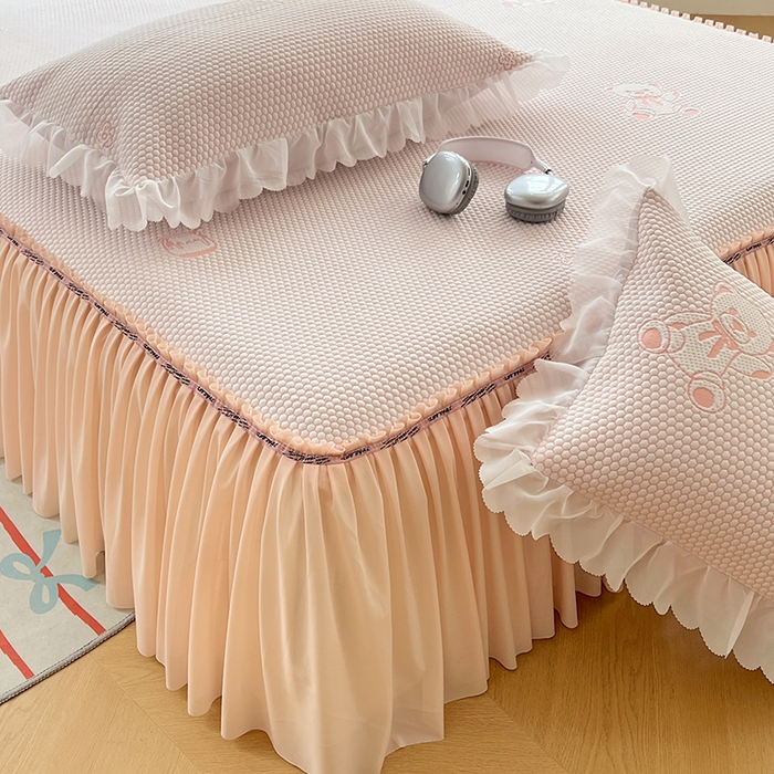 91家纺网 家纺一手货源 找家纺 梦舒羽 2025春夏新款冰豆豆花边单人单枕套枕套单件 冰豆豆-小熊粉