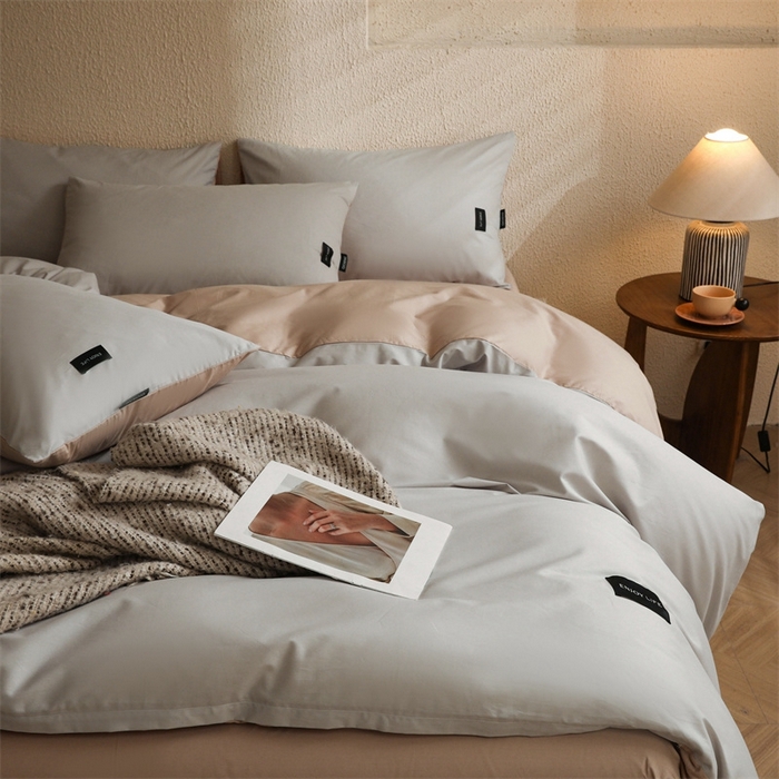 91家纺网 家纺一手货源 找家纺 启程2025新款全棉纯色双拼无印风四件套 绅士灰+杏仁