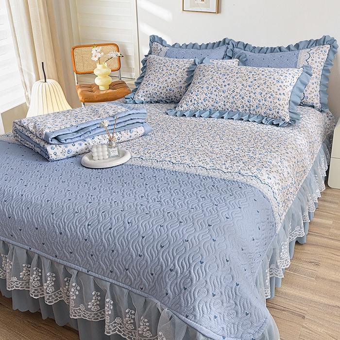 91家纺网 家纺一手货源 找家纺 梦柏 2025新款韩版双层纱夹棉绗缝床盖夏被四件套 幽香