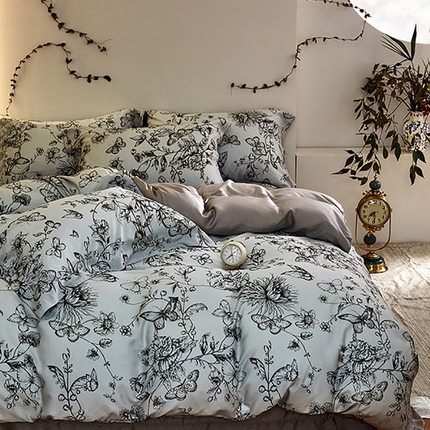 91家纺网 家纺一手货源 找家纺 未来家居 2025春夏新款100支莱赛尔天丝贡缎纯色印花系列高端礼盒四件套 蝶恋花