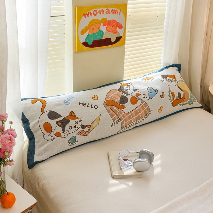 91家纺网 家纺一手货源 找家纺 雯雨2025新款A类卡通双人纱布枕套 慕斯猫