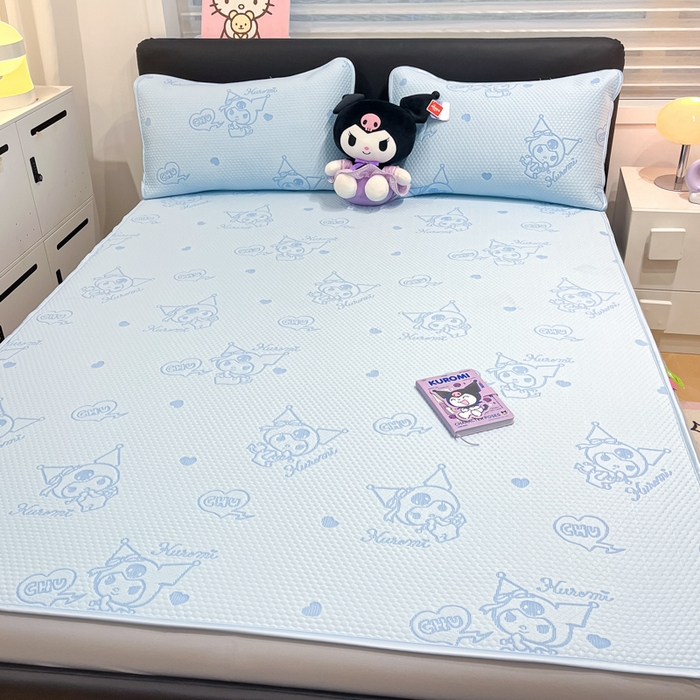 91家纺网 家纺一手货源 找家纺 2025新款三丽鸥正版授权A类提花冰豆豆凉席平铺款床笠款系列_1409 冰豆豆-库洛米-蓝