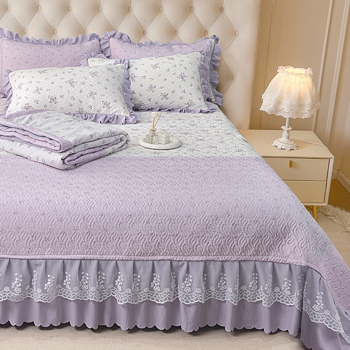 91家纺网 家纺一手货源 找家纺 梦柏 2025新款韩版双层纱夹棉绗缝床盖夏被四件套 花溪