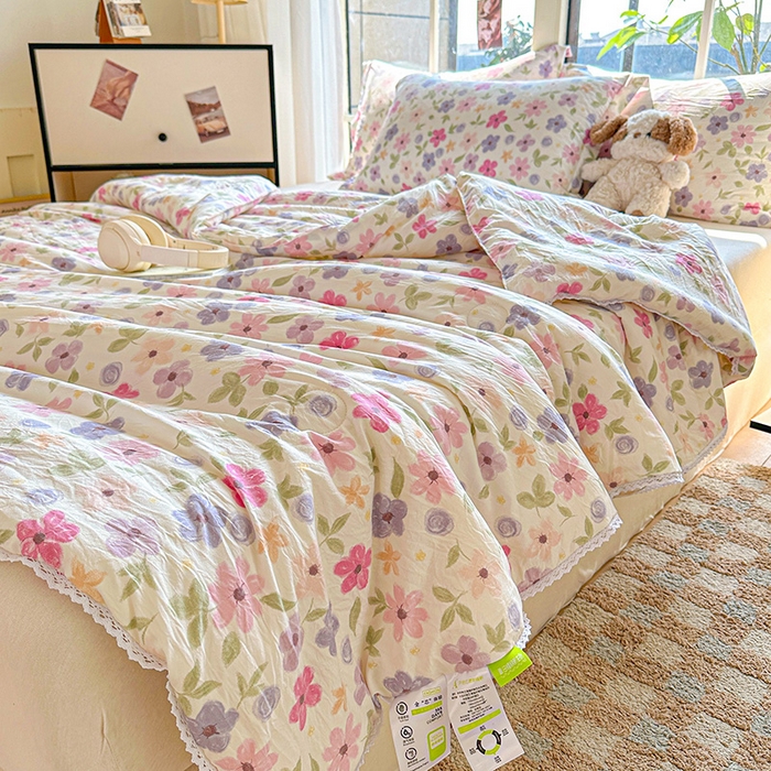 91家纺网 家纺一手货源 找家纺 2025新款双层皱皱纱水洗棉夏被夏凉被空调被可机洗空调被子被芯棉被 满心欢喜