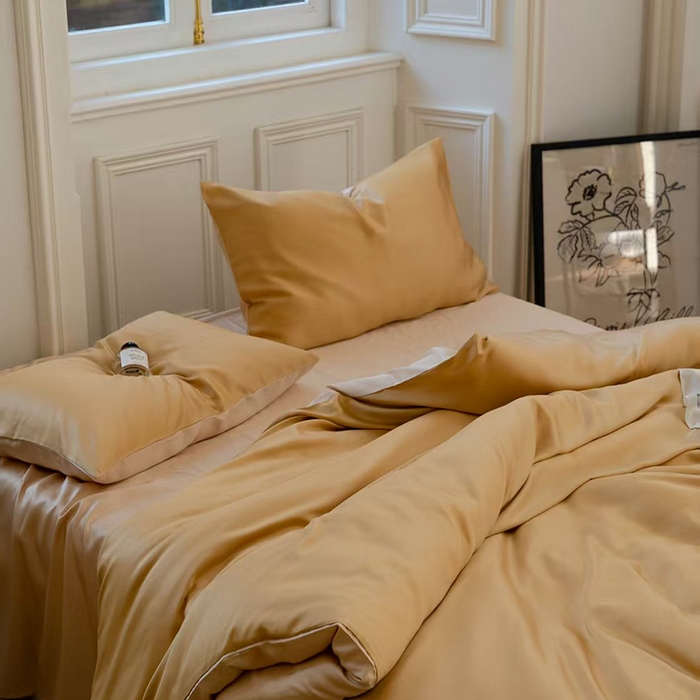 91家纺网 家纺一手货源 找家纺 未来家居 2025新款60S兰精天丝纯色四件套 芝士黄-沙茶色