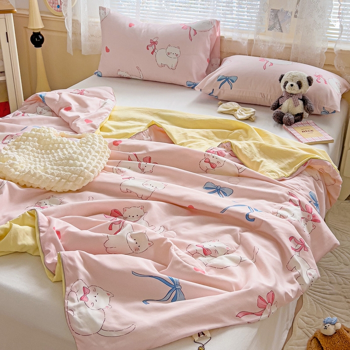 91家纺网 家纺一手货源 找家纺 2025春夏新款嵌绳款云柔水洗棉单夏被夏凉被空调被 嵌绳夏被-小蝴蝶结