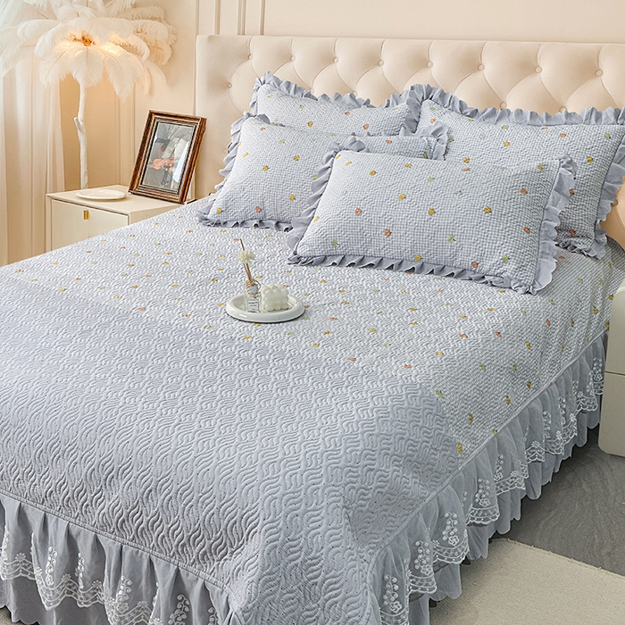 91家纺网 家纺一手货源 找家纺 梦柏 2025新款韩版双层纱夹棉绗缝床盖夏被四件套 南瓜派对