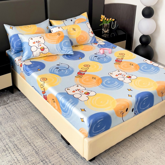 91家纺网 家纺一手货源 找家纺 纽缦家纺 2025新款印花冰丝床笠 活力青春蓝