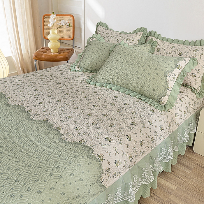 91家纺网 家纺一手货源 找家纺 梦柏 2025新款韩版双层纱夹棉绗缝床盖夏被四件套 林荫