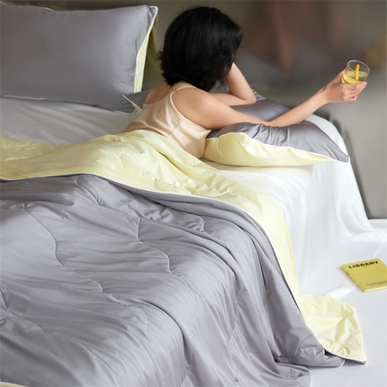 91家纺网 家纺一手货源 找家纺 头等舱  2025新款锦氨（165克）水光亮面锦A类55莱赛尔植物大豆7A抗菌夏凉被夏被（模特图） 幻影灰＋奶黄