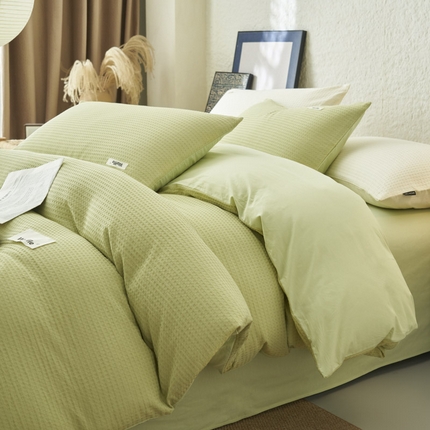91家纺网 家纺一手货源 找家纺 寐绸家纺 2025新款纯棉华夫格四件套 华夫格四件套-果绿