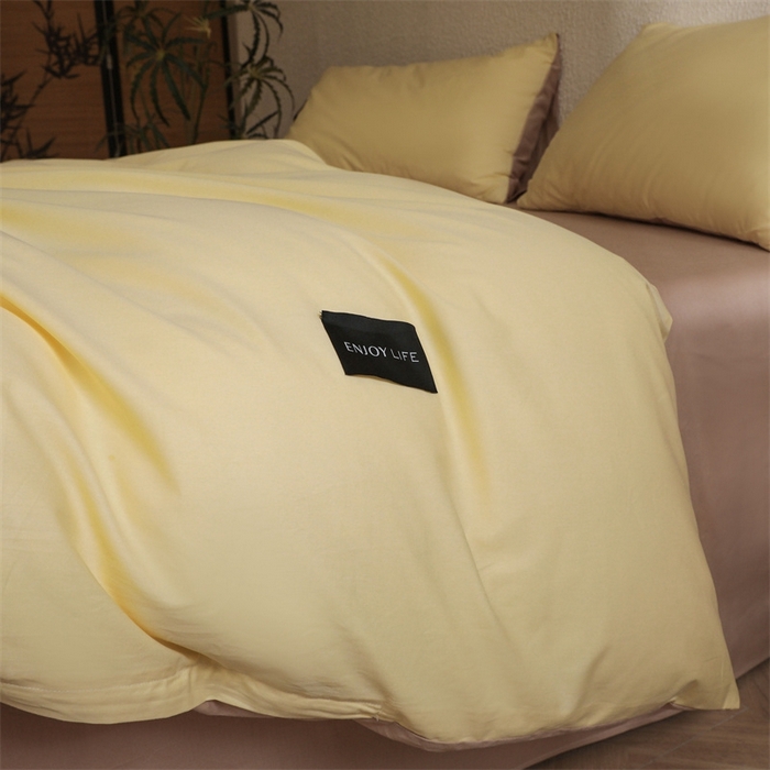 91家纺网 家纺一手货源 找家纺 启程2025新款全棉纯色双拼无印风四件套 奶昔黄+杏仁