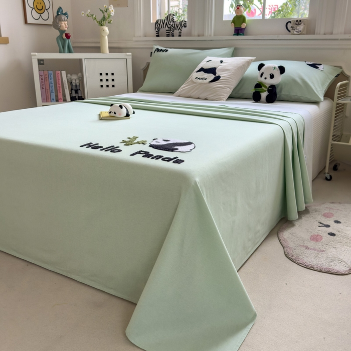 91家纺网 家纺一手货源 找家纺 席世家 2025春夏新款全棉纯棉老粗布印花床单凉席席子 熊猫与竹