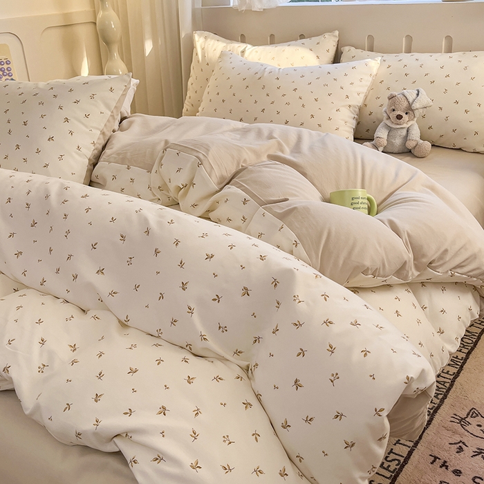 91家纺网 家纺一手货源 找家纺 玖明2025新款A类加厚柔软针织棉双层纱四件套 金叶时光