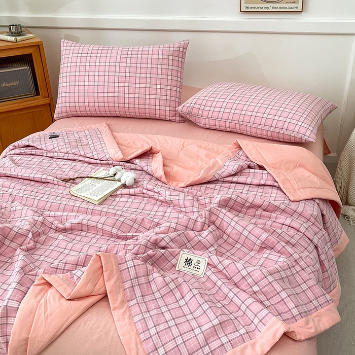 91家纺网 家纺一手货源 找家纺 鸣升家纺 2025新款100%里外全棉棉花夏被无印风全棉色织水洗棉夏凉被空调被夏被春秋被单人可机洗 格诺粉