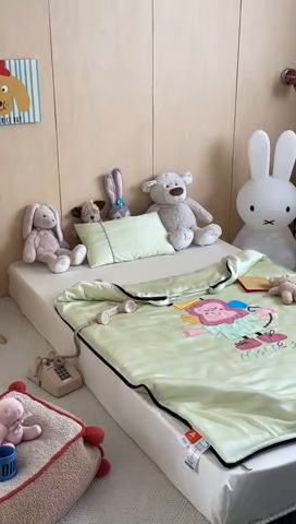 91家纺网 家纺一手货源 找家纺 喜多兔儿童家纺 2025新款60S兰精天丝睡袋防踢被 绿色微笑小猴