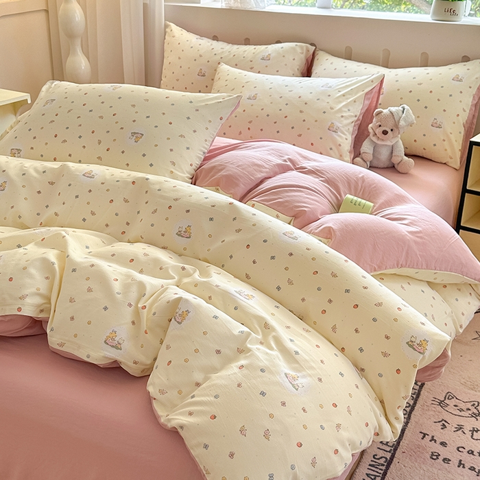 91家纺网 家纺一手货源 找家纺 玖明2025新款A类加厚柔软针织棉双层纱四件套 萌趣