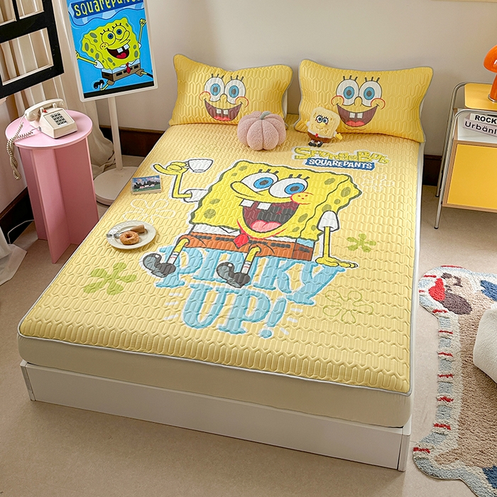 91家纺网 家纺一手货源 找家纺 金爱家 2025新款海绵宝宝乳胶凉席床笠款凉席席子 凉席床笠款-咖啡海绵宝宝