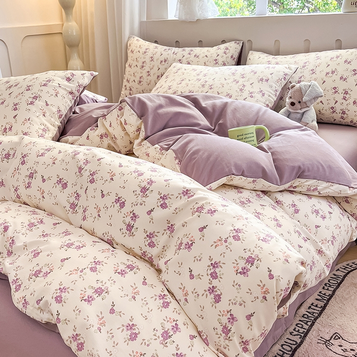 91家纺网 家纺一手货源 找家纺 玖明2025新款A类加厚柔软针织棉双层纱四件套 暮光紫苑