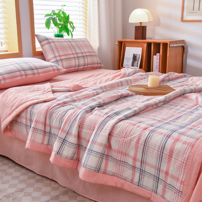 91家纺网 家纺一手货源 找家纺 圣尔雅家纺 2025新款里外全棉色织夏被新疆棉花被纯棉被子空调被夏凉被 粉条格