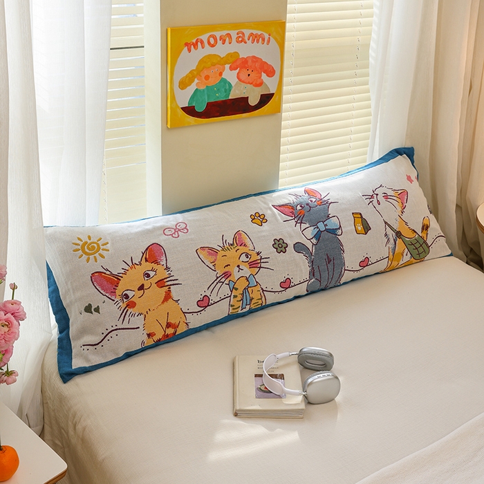 91家纺网 家纺一手货源 找家纺 雯雨2025新款A类卡通双人纱布枕套 呆萌小猫