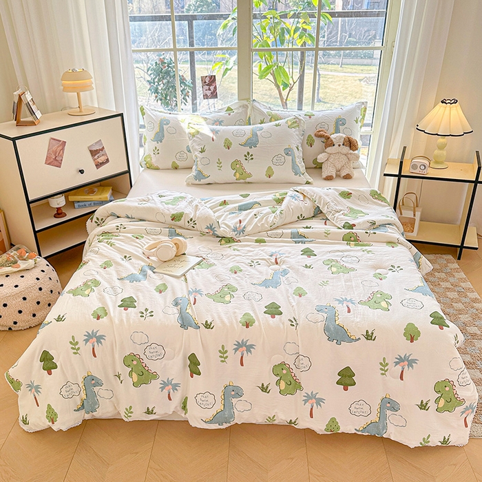 91家纺网 家纺一手货源 找家纺 2025新款双层皱皱纱水洗棉夏被夏凉被空调被可机洗空调被子被芯棉被 恐龙乐园