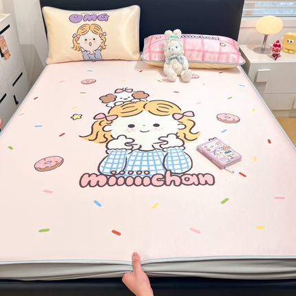 暮思家居 2025新款正版miiiiichan可爱卡通大版数码印花A类1200D冰丝凉席三件套平铺床笠 甜甜圈女孩